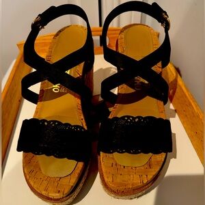 Ferragamo black leather wedge sandals, size 10